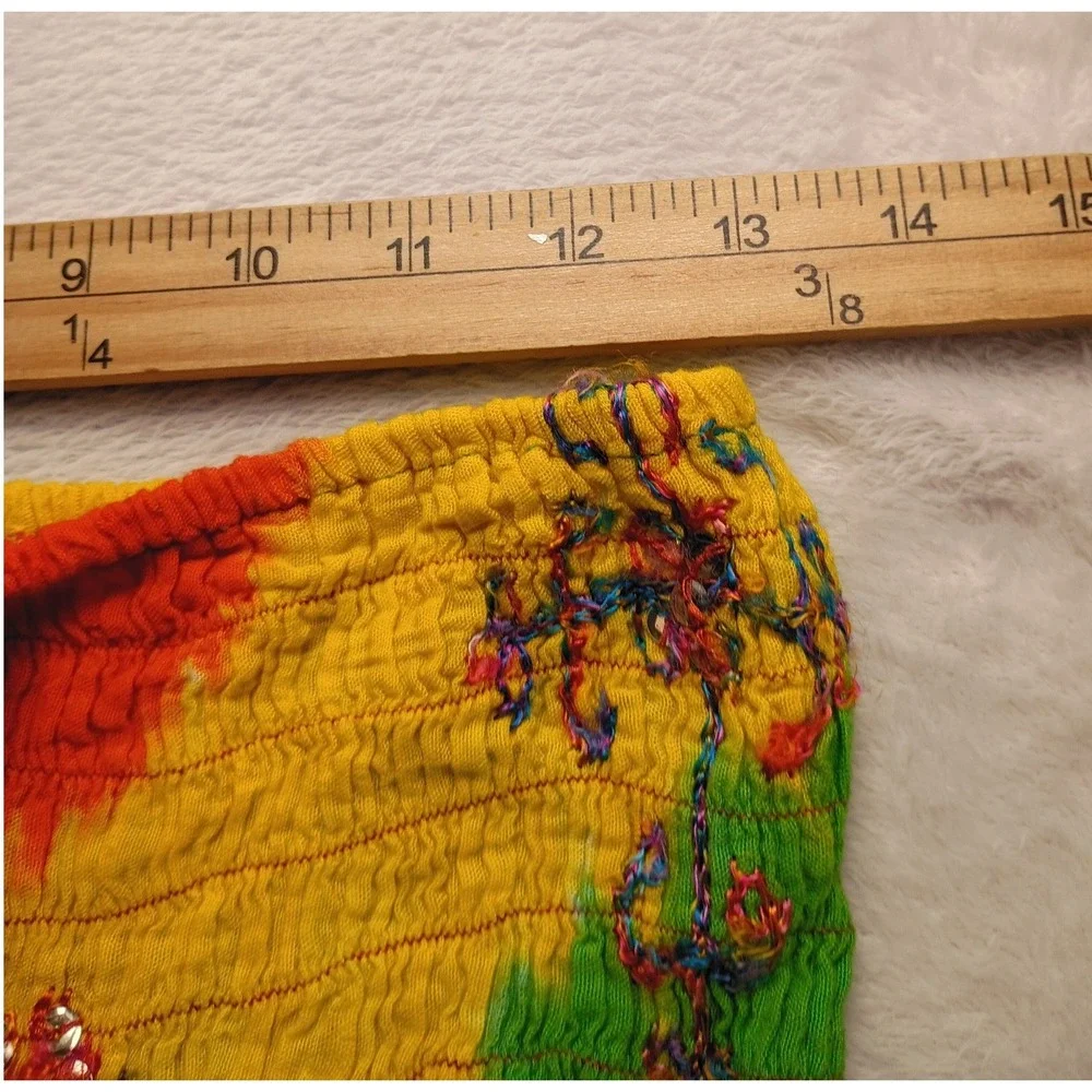 Boho Rainbow Tie Dye Smocked Sequin Embroidered Maxi Skirt Festival Dress NWOT